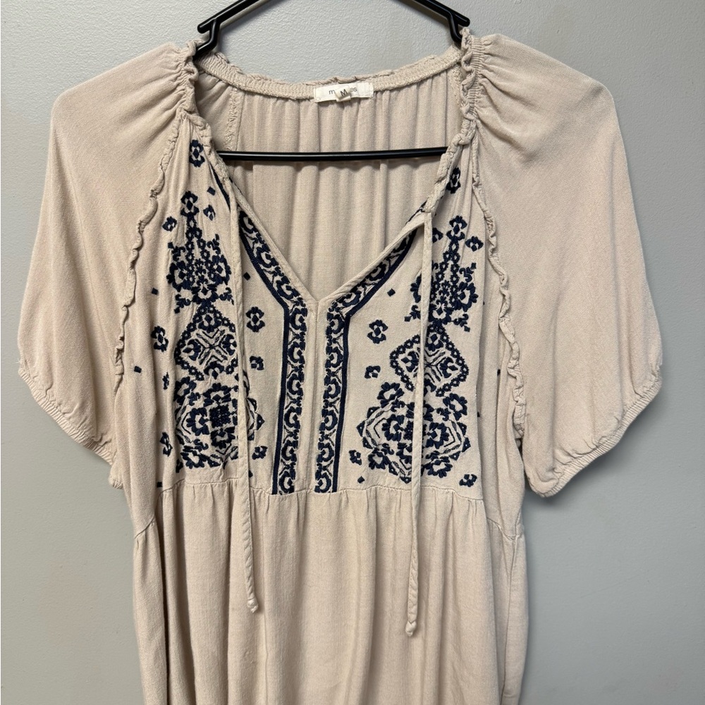Maurices Beige and Navy Embroidered Blouse